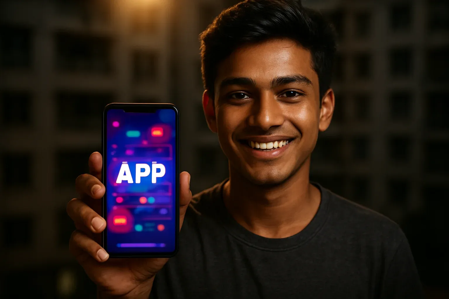 Young Bangladeshi man smiling, holding smartphone with colorful gaming app screen