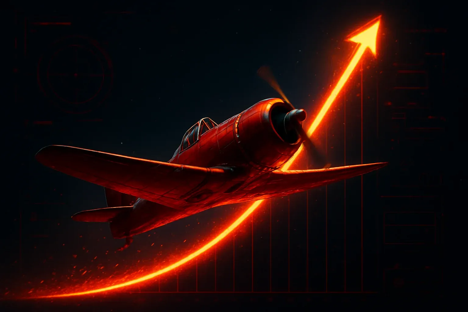 Red aviator plane soaring upward with glowing multiplier trail at night