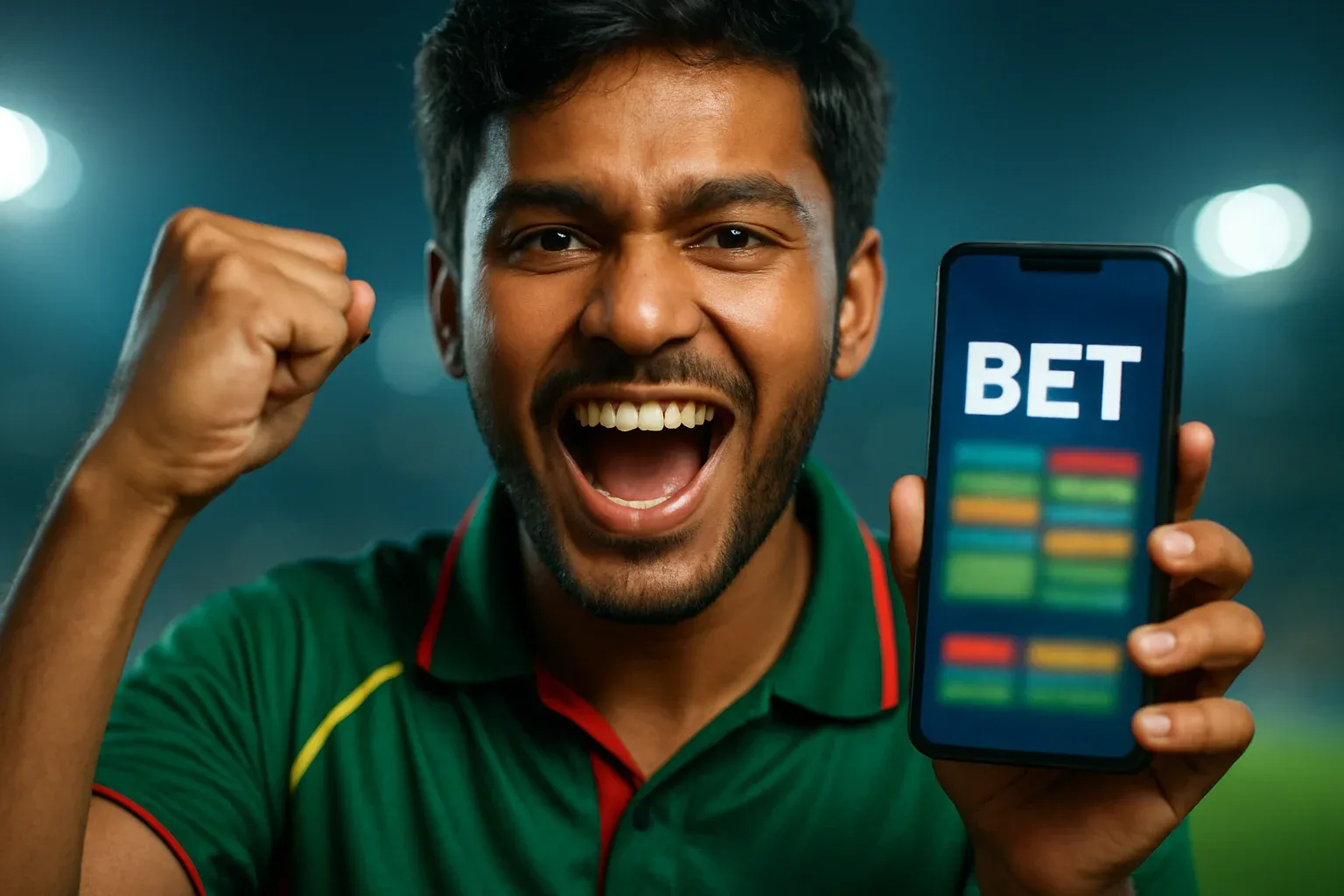 Excited Bangladeshi man holding smartphone with sports betting screen and BET text