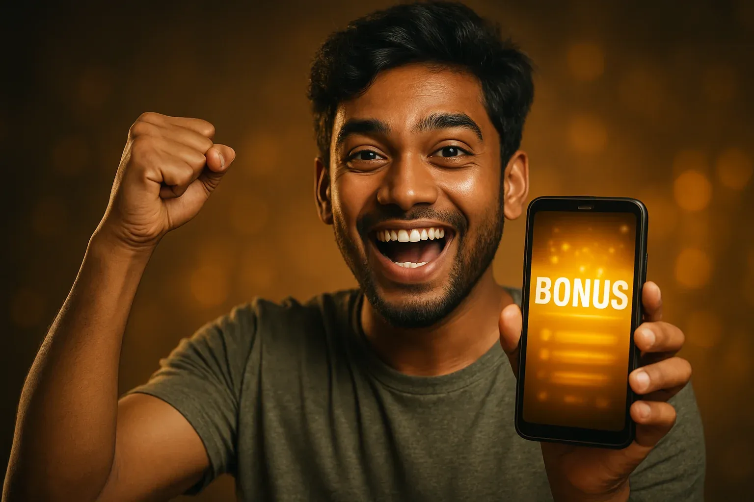 Joyful Bangladesh man holding smartphone with glowing bonus screen and smiling