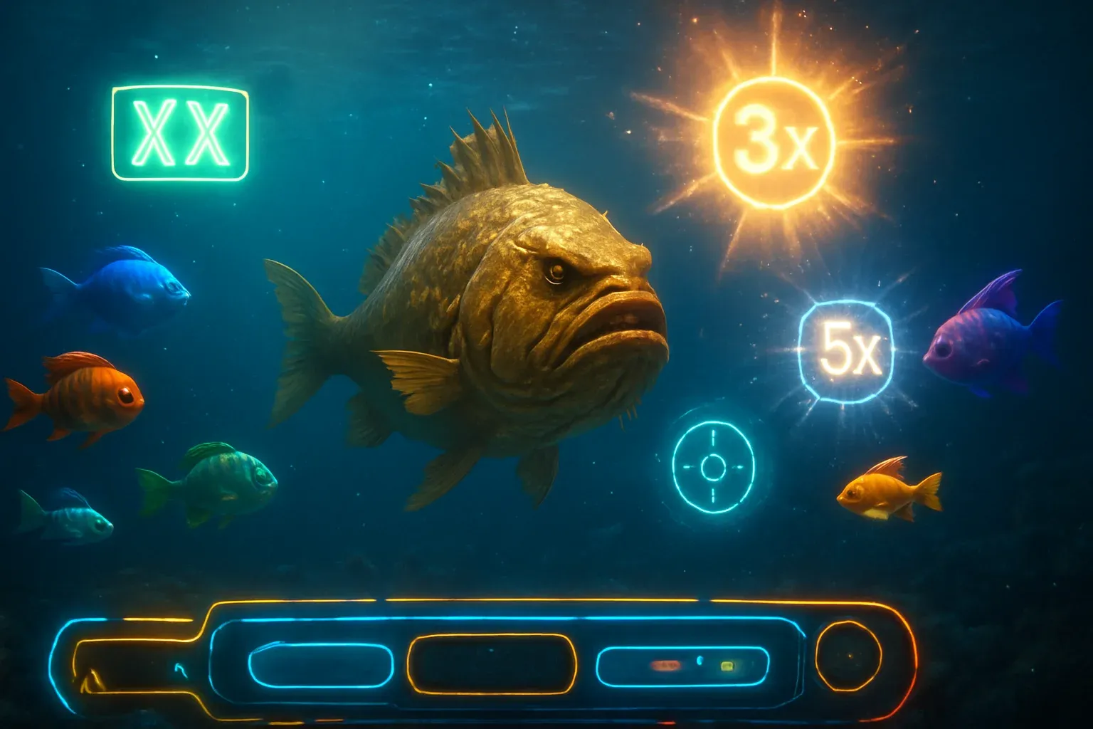 Hyperrealistic underwater arcade scene with glowing tropical fish and golden boss fish