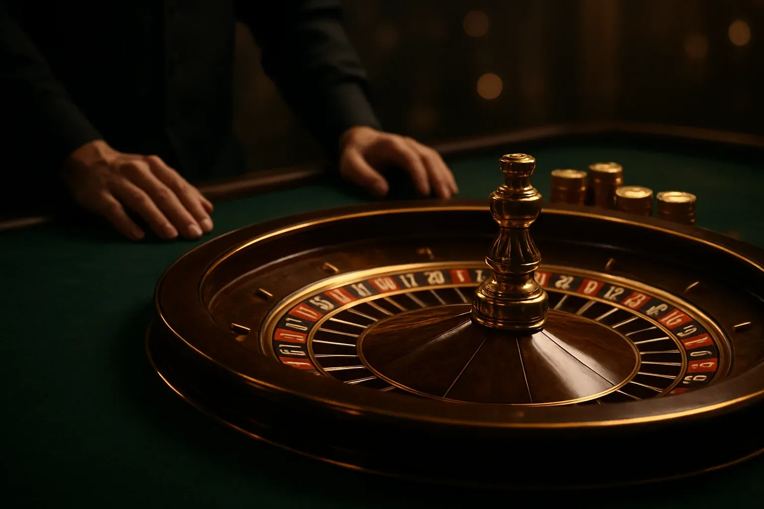 Elegant live casino roulette table with dealer hands and golden chips