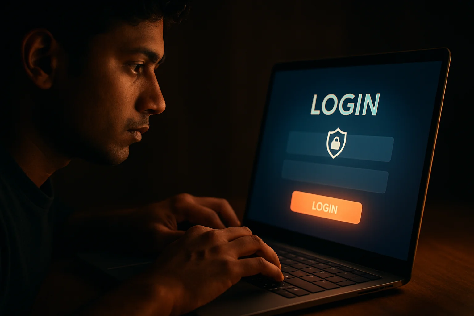 Bangladeshi man's hands on laptop showing LOGIN screen and sign-in form