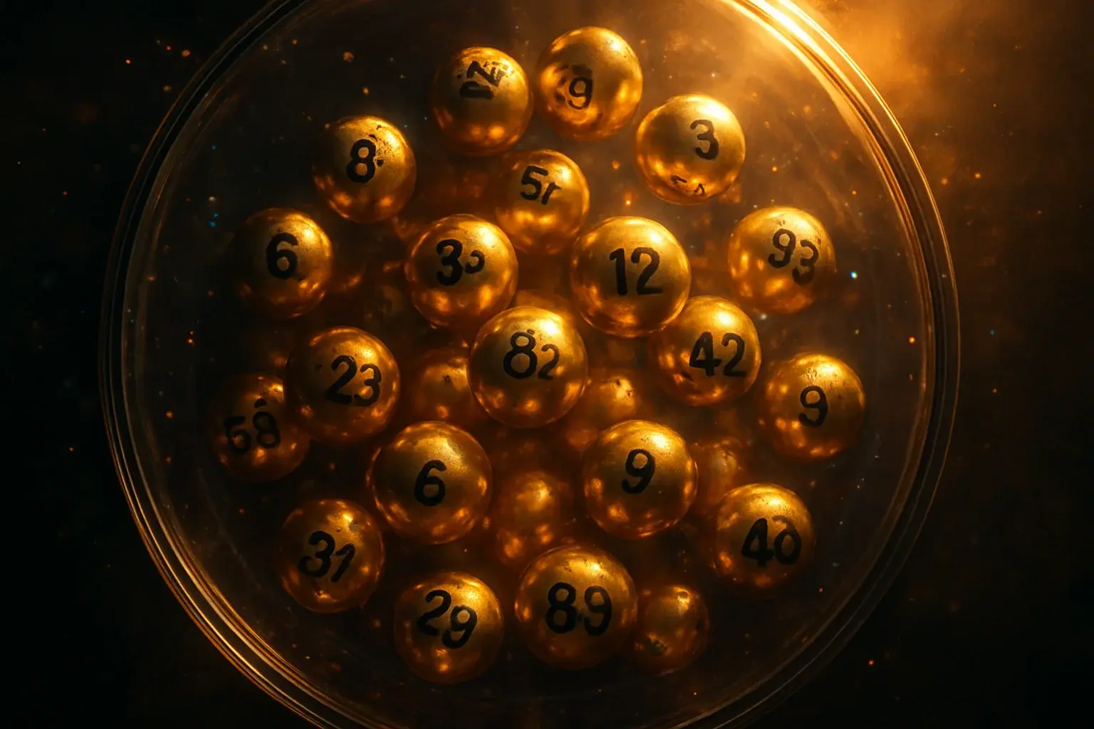 Glowing golden lottery balls tumbling inside transparent draw machine