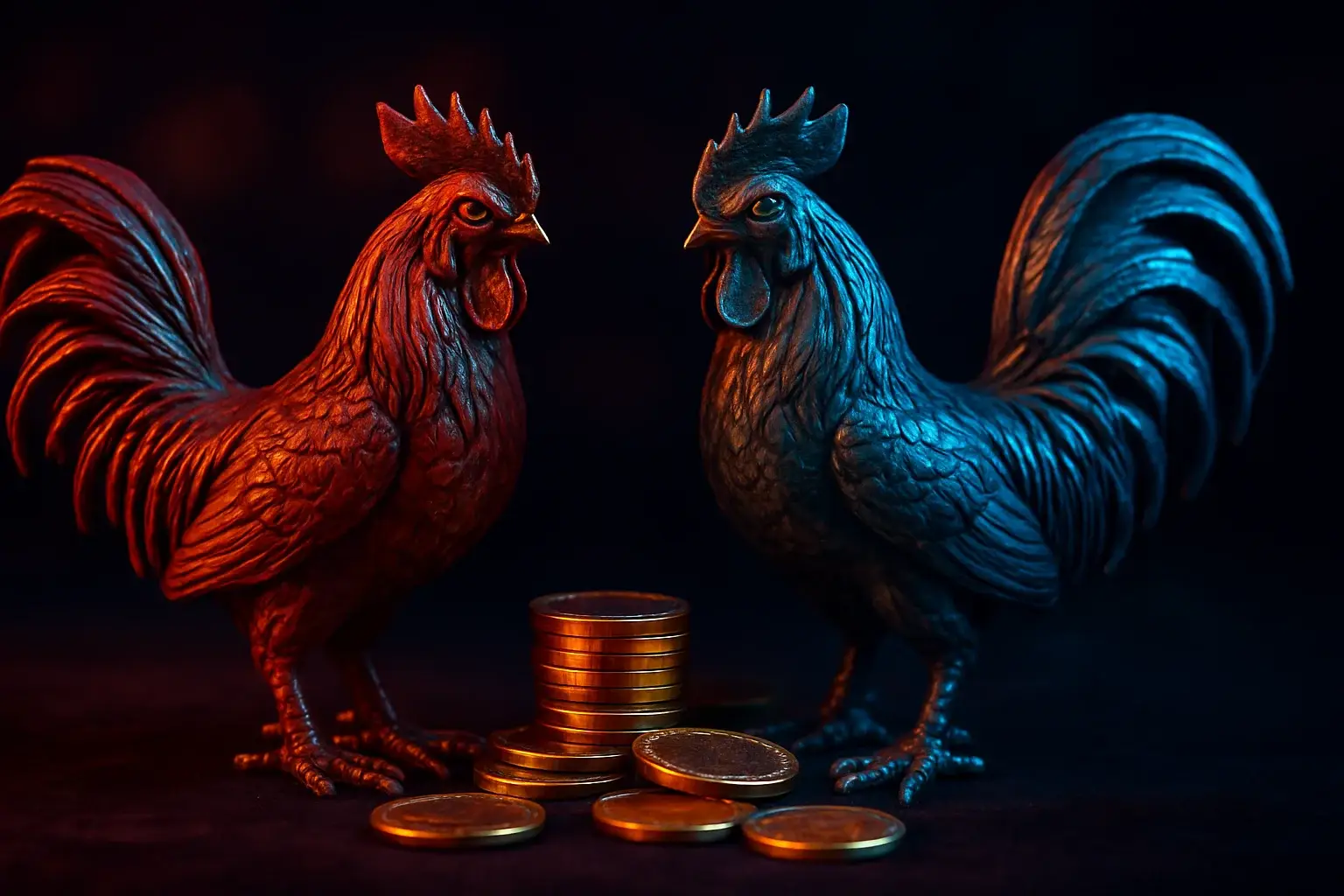 Decorative rooster statuettes with casino chips on dark velvet surface