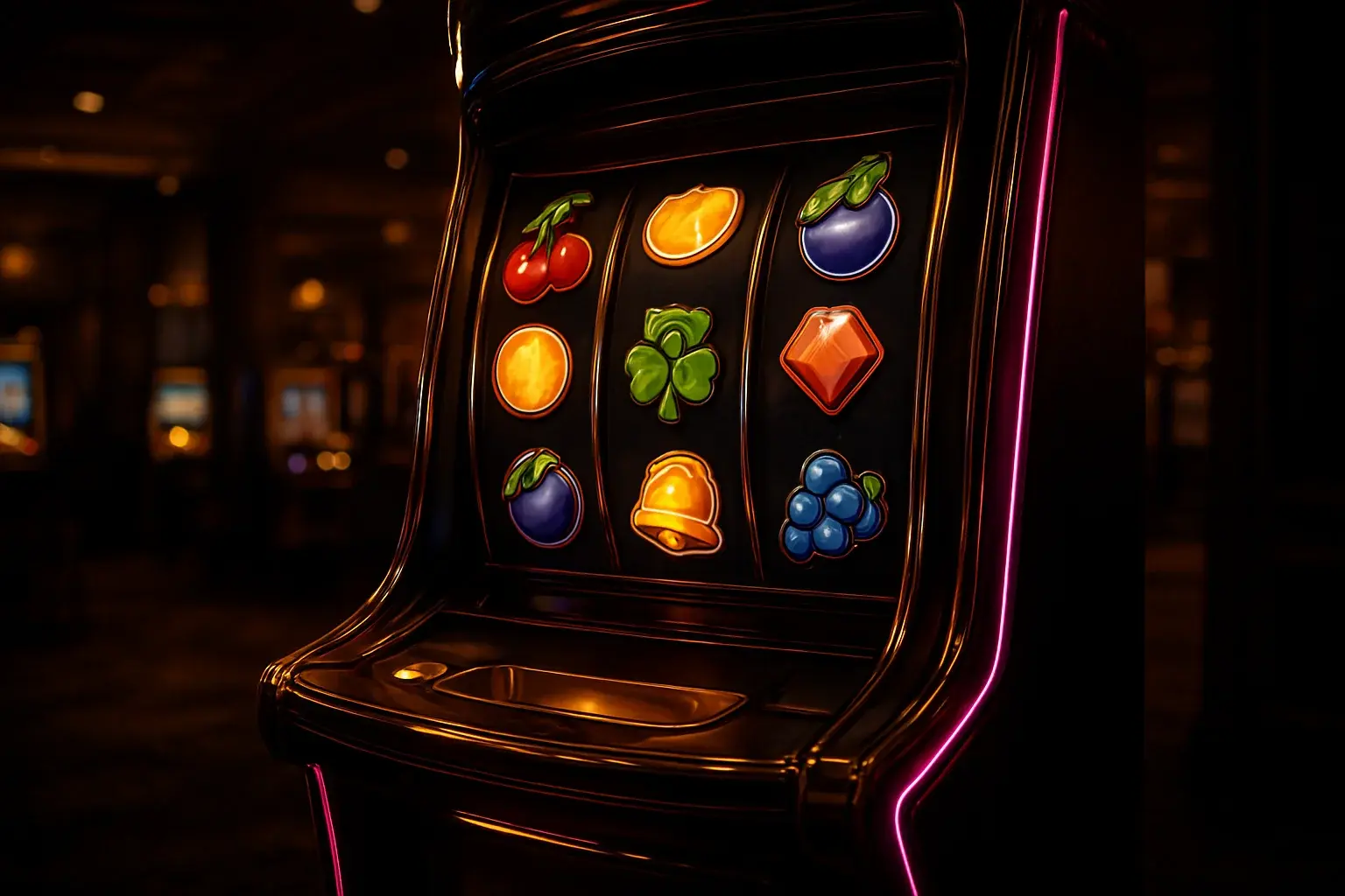 Hyperrealistic premium slot machine with glowing reels in dark luxury casino