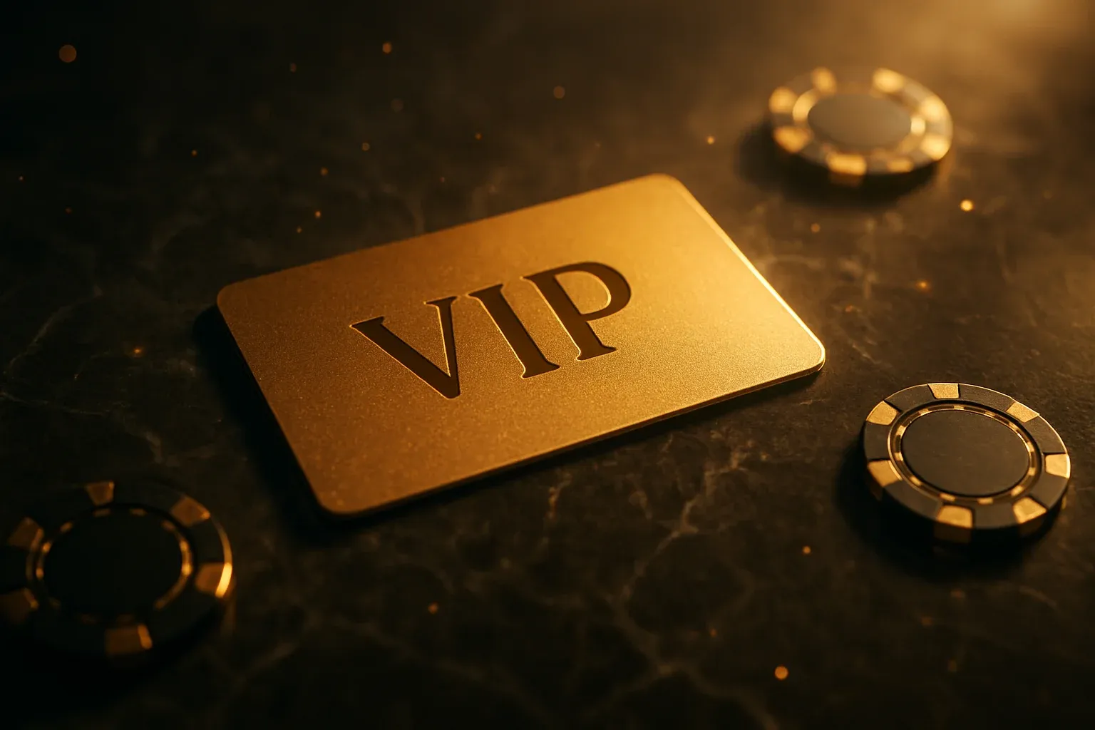 Glowing golden VIP card on dark marble with casino chips